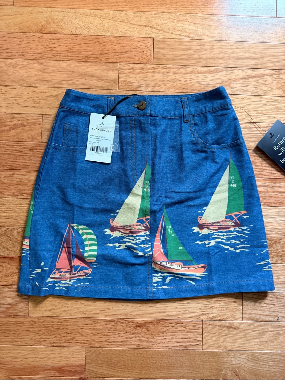 Tuckernuck Chambray Denim Mini Skirt with Multicolor Sailboat Print NWT
